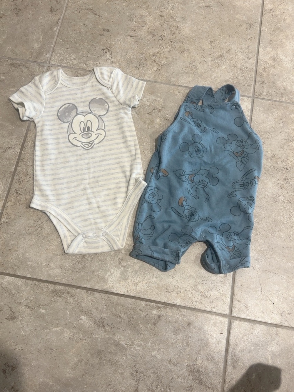 Disney Cream Striped Bodysuit & Blue Mickey Overall Set